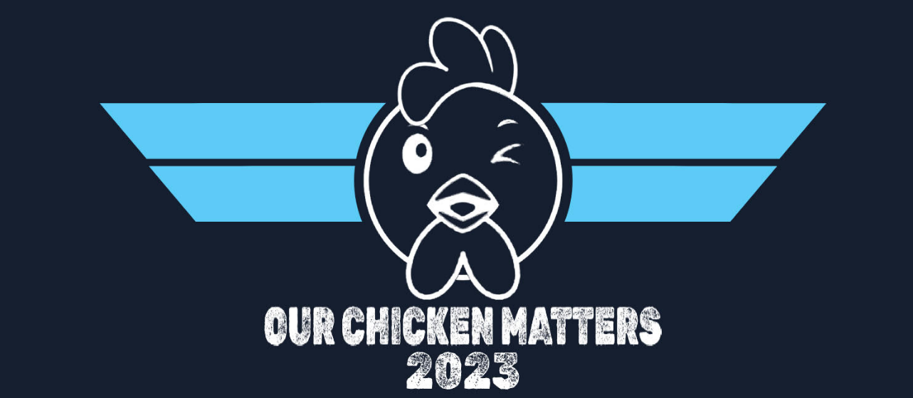“Our Chicken Matters 2023” logo, styled after the Top Gun insignia, featuring a winking chicken