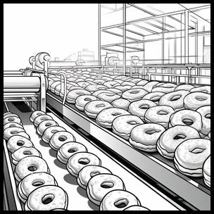 Illustration of doughnuts on a factory conveyor belt