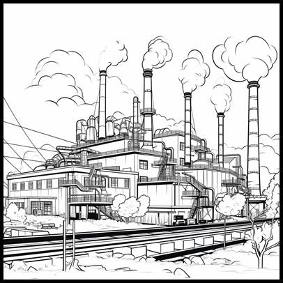 Line art of a sprawling sandwich factory with smokestacks