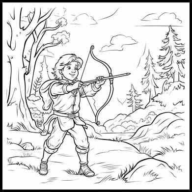 Illustration of a hunter aiming a bow at a wild doughnut