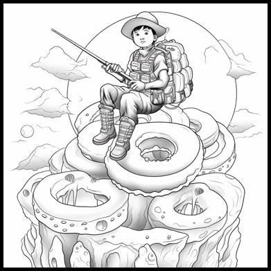 Illustration of a hunter resting atop a pile of hunted doughnuts