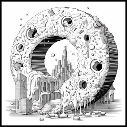 Illustration of a glazed doughnut-shaped portal revealing a distant city