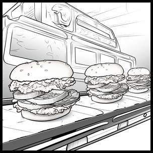 Illustration of assembled sandwiches on a factory conveyor belt