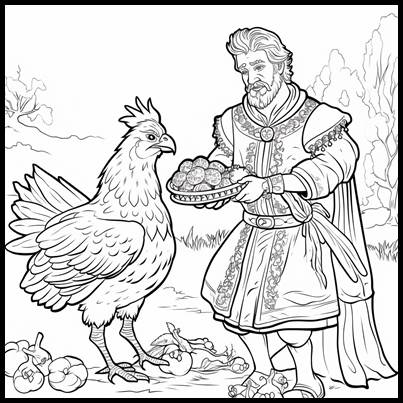 Illustration of a diplomat trading with the Chicken King
