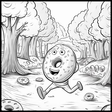 Illustration of a happy wild doughnut running free through the forest