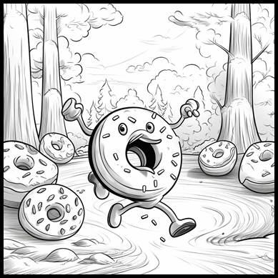 Illustration of a wild doughnut fleeing through the forest
